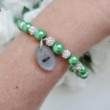 Load image into Gallery viewer, Handmade pearl and pave crystal rhinestone charm bracelet for mom - green or custom color - #1 Mom Bracelet - #1 Mom Gift - Mom Bracelet