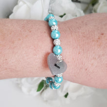 Load image into Gallery viewer, Handmade pearl and pave crystal rhinestone charm bracelet for mom - aquamarine blue or custom color - #1 Mom Bracelet - #1 Mom Gift - Mom Bracelet