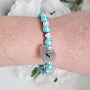 Handmade pearl and pave crystal rhinestone charm bracelet for mom - aquamarine blue or custom color - #1 Mom Bracelet - #1 Mom Gift - Mom Bracelet