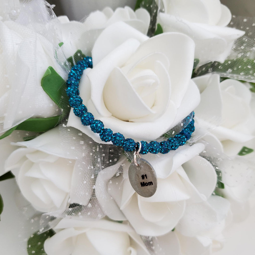A handmade crystal rhinestone charm bracelet for a #1 Mom - Light Sapphire - Gifts For Mom - #1 Mom - Mom Bracelet