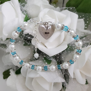 Handmade pearl and crystal charm bracelet for mom - white and lake blue - #1 Mom Bracelet - Mom Bracelet - Gifts For Mom