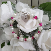 Load image into Gallery viewer, Handmade pearl and crystal charm bracelet for a Mom - white and rose red - #1 Mom Bracelet - Mom Bracelet - Gifts For Mom