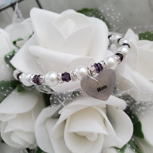 Load image into Gallery viewer, Handmade pearl and crystal charm bracelet for mommy - white and purple - #1 Mom Bracelet - Mom Bracelet - Gifts For Mom