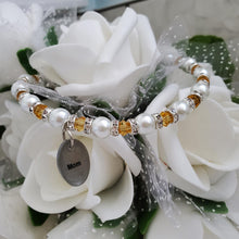 Load image into Gallery viewer, Handmade pearl and crystal charm bracelet for Mom - white and amber - #1 Mom Bracelet - Mom Bracelet - Gifts For Mom