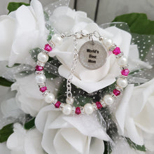 Load image into Gallery viewer, Handmade pearl and crystal charm bracelet for a world&#39;s best mom - white and rose red - #1 Mom Bracelet - Mom Bracelet - Gifts For Mom