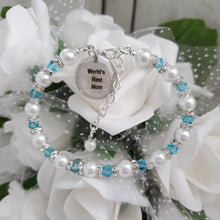 Load image into Gallery viewer, Handmade pearl and crystal charm bracelet for a world&#39;s best mom - white and lake blue - #1 Mom Bracelet - Mom Bracelet - Gifts For Mom