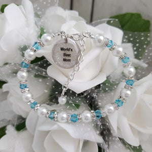 Handmade pearl and crystal charm bracelet for a world's best mom - white and lake blue - #1 Mom Bracelet - Mom Bracelet - Gifts For Mom