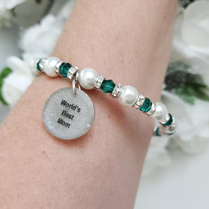 Handmade pearl and crystal charm bracelet for a world's best mom - white and whole green - #1 Mom Bracelet - Mom Bracelet - Gifts For Mom