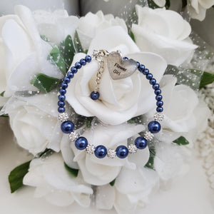 Handmade pearl and pave crystal rhinestone flower girl charm bracelet - dark blue or custom color - Bridesmaid Bracelet-Bridal Bracelets-Bridesmaid Jewelry