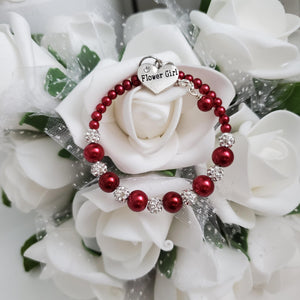 Handmade pearl and pave crystal rhinestone flower girl charm bracelet - bordeaux red or custom color - Flower Girl Bracelet-Bridal Bracelets-Flower Girl Gift