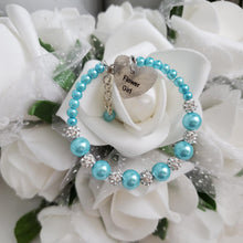 Load image into Gallery viewer, Handmade pearl and pave crystal rhinestone flower girl charm bracelet - aquamarine blue or custom color - Bridesmaid Bracelet-Bridal Bracelets-Bridesmaid Jewelry
