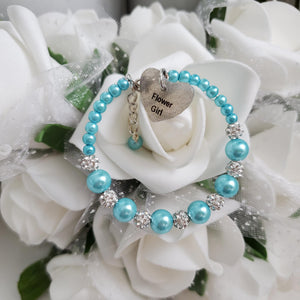 Handmade pearl and pave crystal rhinestone flower girl charm bracelet - aquamarine blue or custom color - Flower Girl Bracelet-Bridal Bracelets-Flower Girl Gift