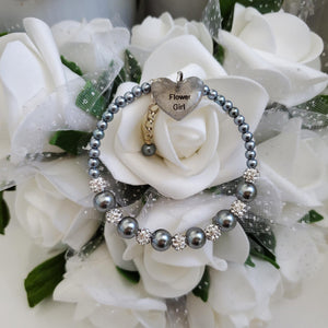 Handmade pearl and pave crystal rhinestone flower girl charm bracelet - dark grey or custom color - Flower Girl Bracelet-Bridal Bracelets-Flower Girl Gift