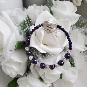 Handmade pearl and pave crystal rhinestone flower girl charm bracelet - dark purple or custom color - Bridesmaid Bracelet-Bridal Bracelets-Bridesmaid Jewelry