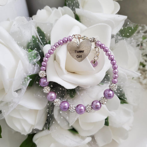 Handmade pearl and pave crystal rhinestone flower girl charm bracelet - lavender purple or custom color - Flower Girl Bracelet-Bridal Bracelets-Flower Girl Gift