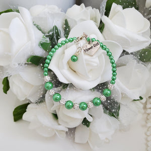 Handmade pearl and pave crystal rhinestone flower girl charm bracelet - green or custom color - Bridesmaid Bracelet-Bridal Bracelets-Bridesmaid Jewelry