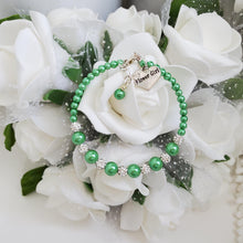 Load image into Gallery viewer, Handmade pearl and pave crystal rhinestone flower girl charm bracelet - green or custom color - Bridesmaid Bracelet-Bridal Bracelets-Bridesmaid Jewelry