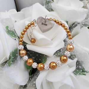 Handmade pearl and pave crystal rhinestone bride charm bracelet - copper or custom color - Flower Girl Bracelet-Bridal Bracelets-Flower Girl Gift