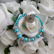 Load image into Gallery viewer, Handmade pearl and pave crystal rhinestone bride charm bracelet - aquamarine blue or custom color -Flower Girl Bracelet-Bridal Bracelets-Flower Girl Gift 
