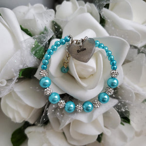 Handmade pearl and pave crystal rhinestone bride charm bracelet - aquamarine blue or custom color -Flower Girl Bracelet-Bridal Bracelets-Flower Girl Gift 