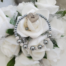 Load image into Gallery viewer, Handmade pearl and pave crystal rhinestone bride charm bracelet - dark grey or custom color - Bridesmaid Bracelet-Bridal Bracelets-Bridesmaid Jewelry