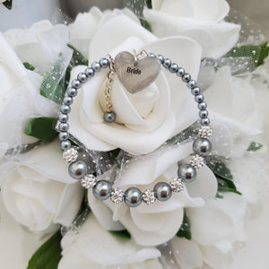 Handmade pearl and pave crystal rhinestone bride charm bracelet - dark grey or custom color - Flower Girl Bracelet-Bridal Bracelets-Flower Girl Gift