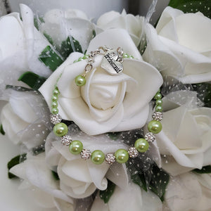 Handmade pearl and pave crystal rhinestone bridesmaid charm bracelet - light green or custom color - Flower Girl Bracelet-Bridal Bracelets-Flower Girl Gift