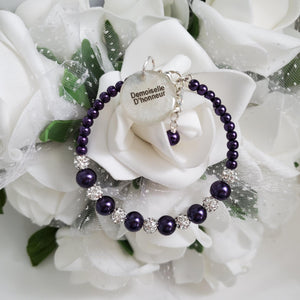 Handmade pearl and pave crystal rhinestone demoiselle d'honneur charm bracelet - dark purple or custom color - Maid of Honor Bracelet - Bridal Party Jewelry