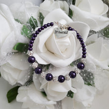 Load image into Gallery viewer, Handmade pearl and pave crystal rhinestone bridesmaid charm bracelet - dark purple or custom color - Maid of Honor Bracelet - Bridal Party Jewelry