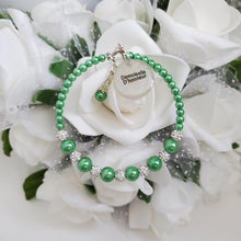 Load image into Gallery viewer, Handmade pearl and pave crystal rhinestone demoiselle d&#39;honneur charm bracelet - green or custom color - Maid of Honor Bracelet - Bridal Party Jewelry