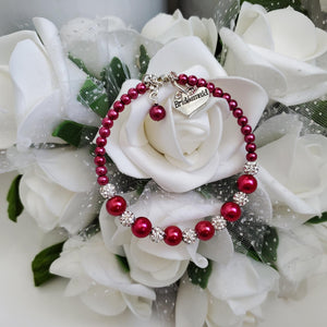 Handmade pearl and pave crystal rhinestone bridesmaid charm bracelet - bordeaux red or custom color - Maid of Honor Bracelet - Bridal Party Jewelry