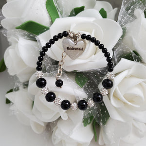 Handmade pearl and pave crystal rhinestone bridesmaid charm bracelet - black or custom color - Bridesmaid Bracelet-Bridal Bracelets-Bridesmaid Jewelry