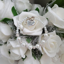 Load image into Gallery viewer, Handmade pearl and pave crystal rhinestone maid of honor charm bracelet - white or custom color - Maid of Honor Bracelet - Bridal Party Jewelry