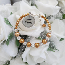 Load image into Gallery viewer, Handmade pearl and pave crystal rhinestone dame d&#39;honneur charm bracelet - copper or custom color - Maid of Honor Bracelet - Bridal Party Jewelry