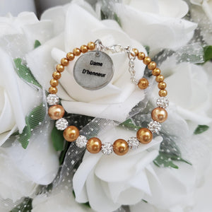 Handmade pearl and pave crystal rhinestone dame d'honneur charm bracelet - copper or custom color - Maid of Honor Bracelet - Bridal Party Jewelry