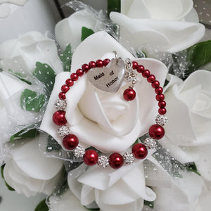 Handmade pearl and pave crystal rhinestone maid of honor charm bracelet - bordeaux red or custom color - Bridesmaid Bracelet-Bridal Bracelets-Bridesmaid Jewelry