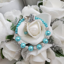 Load image into Gallery viewer, Handmade pearl and pave crystal rhinestone maid of honor charm bracelet - aquamarine blue or custom color - Flower Girl Bracelet-Bridal Bracelets-Flower Girl Gift