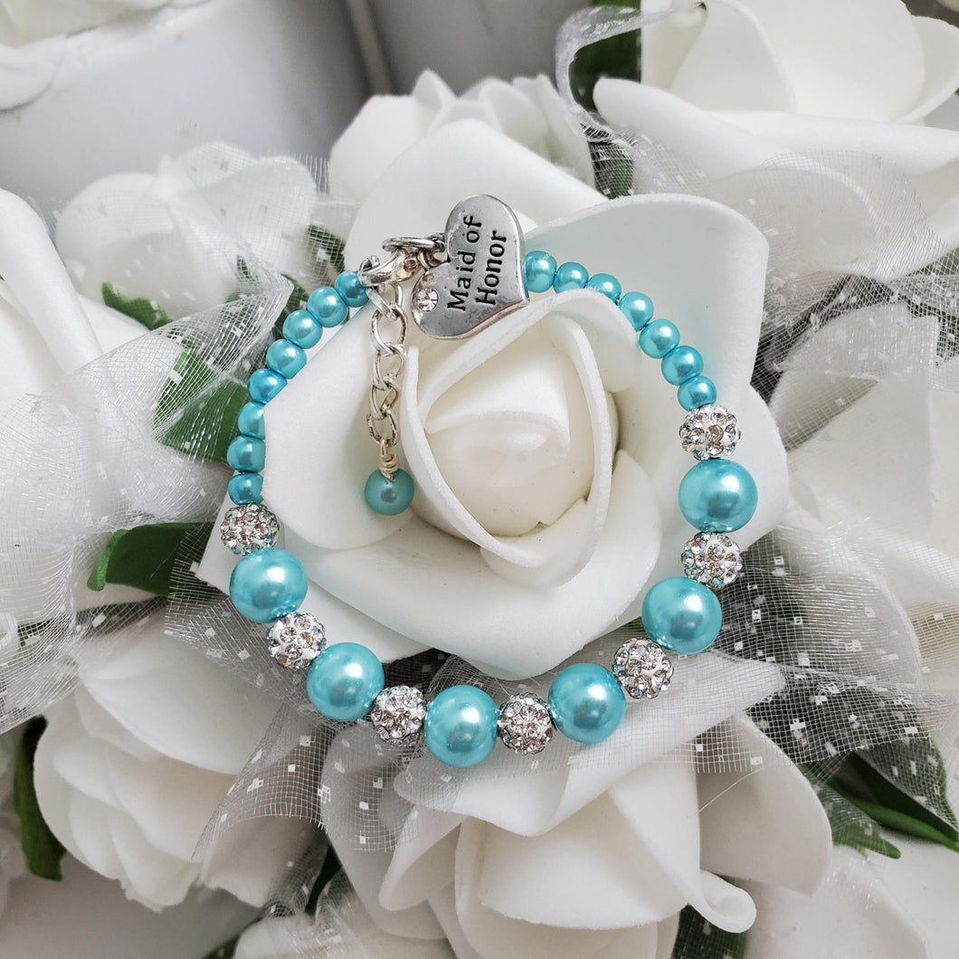 Handmade pearl and pave crystal rhinestone maid of honor charm bracelet - aquamarine blue or custom color - Maid of Honor Bracelet - Bridal Party Jewelry