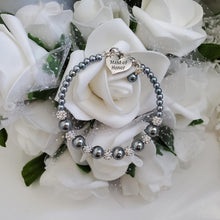 Load image into Gallery viewer, Handmade pearl and pave crystal rhinestone maid of honor charm bracelet - dark grey or custom color - Maid of Honor Bracelet - Bridal Party Jewelry