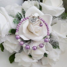 Load image into Gallery viewer, Handmade pearl and pave crystal rhinestone maid of honor charm bracelet - lavender purple or custom color - Bridesmaid Bracelet-Bridal Bracelets-Bridesmaid Jewelry