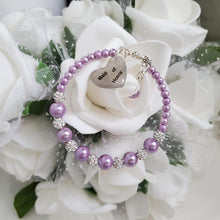 Load image into Gallery viewer, Handmade pearl and pave crystal rhinestone maid of honor charm bracelet - lavender purple or custom color - Maid of Honor Bracelet - Bridal Party Jewelry
