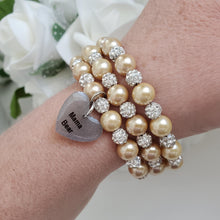 Load image into Gallery viewer, A handmade pearl and pave crystal expandable, multi-layer, wrap charm bracelet for a mama bear - champagne or custom color - #1 Mom Gifts - #1 Mom Bracelet - Mom Gift Ideas