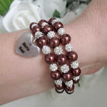 Load image into Gallery viewer, A handmade pearl and pave crystal expandable, multi-layer, wrap charm bracelet for a mama bear - chocolate brown or custom color - #1 Mom Gifts - #1 Mom Bracelet - Mom Gift Ideas