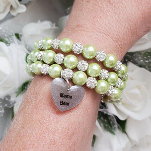 A handmade pearl and pave crystal expandable, multi-layer, wrap charm bracelet for a mama bear - light green or custom color - #1 Mom Gifts - #1 Mom Bracelet - Mom Gift Ideas