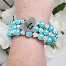 Load image into Gallery viewer, A handmade pearl and pave crystal expandable, multi-layer, wrap charm bracelet for a mama bear- aquamarine blue or custom color - #1 Mom Gifts - #1 Mom Bracelet - Mom Gift Ideas
