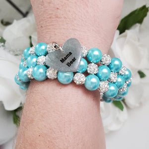 A handmade pearl and pave crystal expandable, multi-layer, wrap charm bracelet for a mama bear- aquamarine blue or custom color - #1 Mom Gifts - #1 Mom Bracelet - Mom Gift Ideas