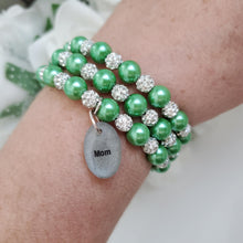Load image into Gallery viewer, A handmade pearl and pave crystal expandable, multi-layer, wrap charm bracelet for mom - green or custom color - #1 Mom Gifts - #1 Mom Bracelet - Mom Gift Ideas
