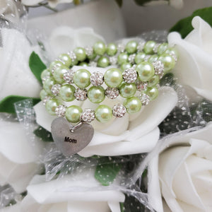 A handmade pearl and pave crystal expandable, multi-layer, wrap charm bracelet for mom - light green or custom color - #1 Mom Gifts - #1 Mom Bracelet - Mom Gift Ideas