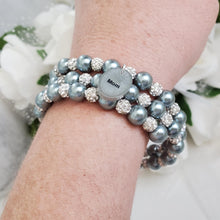 Load image into Gallery viewer, A handmade pearl and pave crystal expandable, multi-layer, wrap charm bracelet for mom - dark grey or custom color - #1 Mom Gifts - #1 Mom Bracelet - Mom Gift Ideas