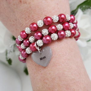 A handmade pearl and pave crystal expandable, multi-layer, wrap charm bracelet for mom - dark pink or custom color - #1 Mom Gifts - #1 Mom Bracelet - Mom Gift Ideas